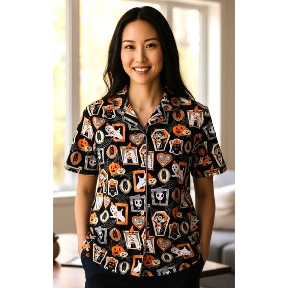 Munki Munki Halloween Pajama Top Large Short Sleeves Button Werewolf Witch Ghost - Picture 2 of 12